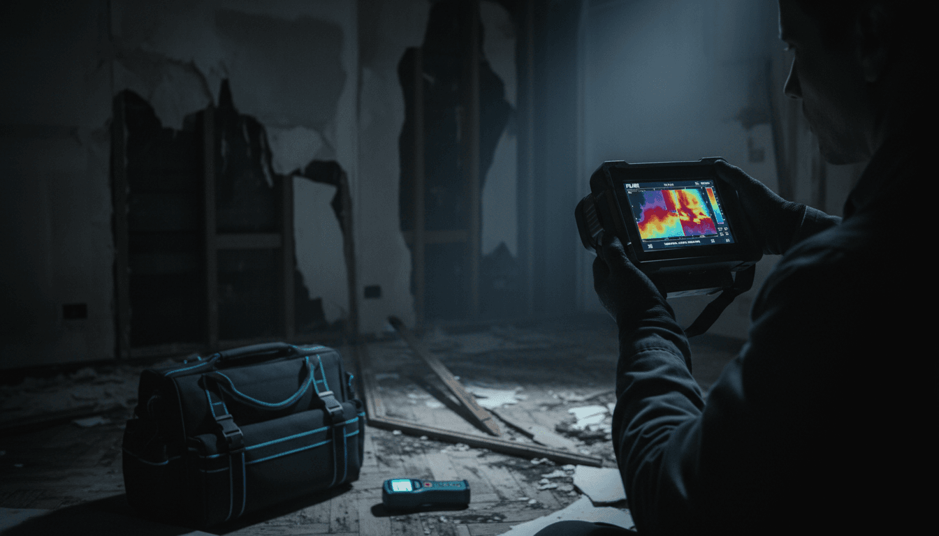 Technician using FLIR thermal imaging camera to detect hidden moisture