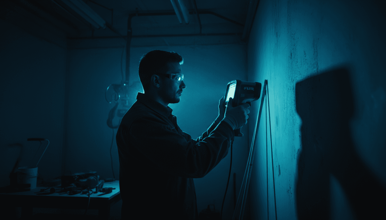 Technician using FLIR thermal imaging camera to detect hidden moisture