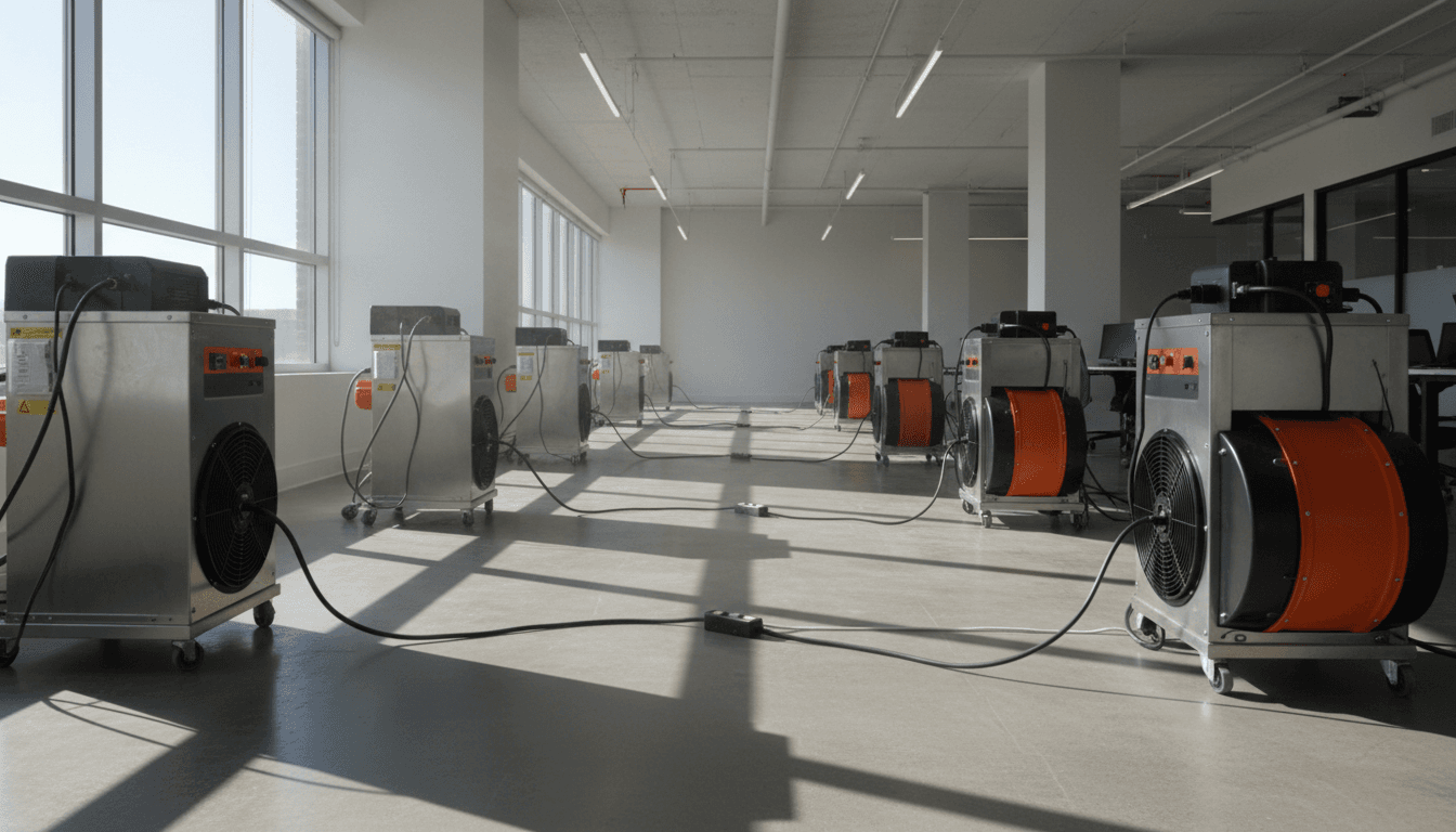 Commercial drying equipment positioned throughout office space for structural moisture removal