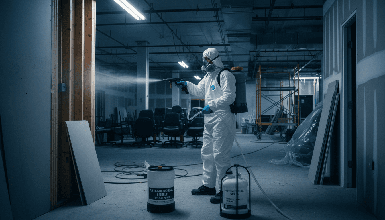 Antimicrobial treatment application during commercial water damage restoration