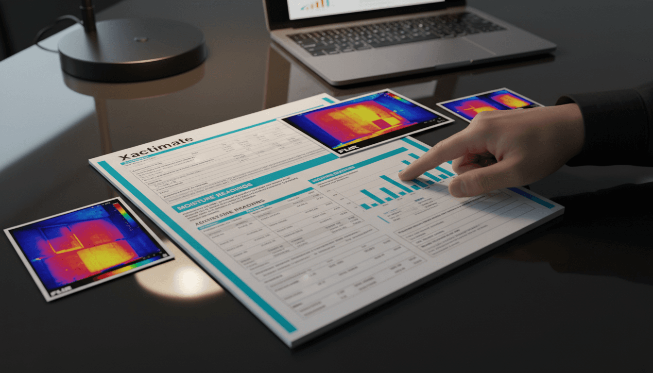 Detailed moisture mapping report with thermal imaging documentation and Xactimate data