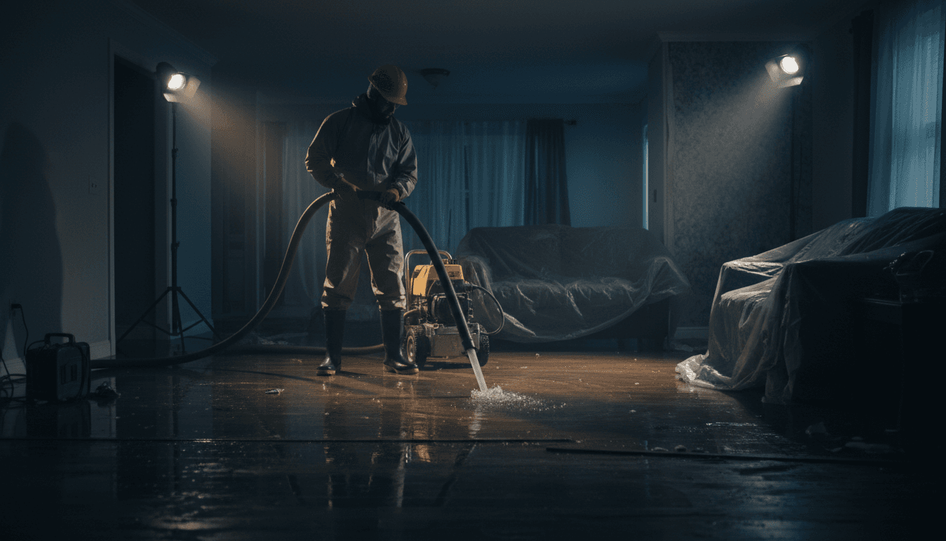 Professional water damage restoration technician using extraction equipment in a flooded home