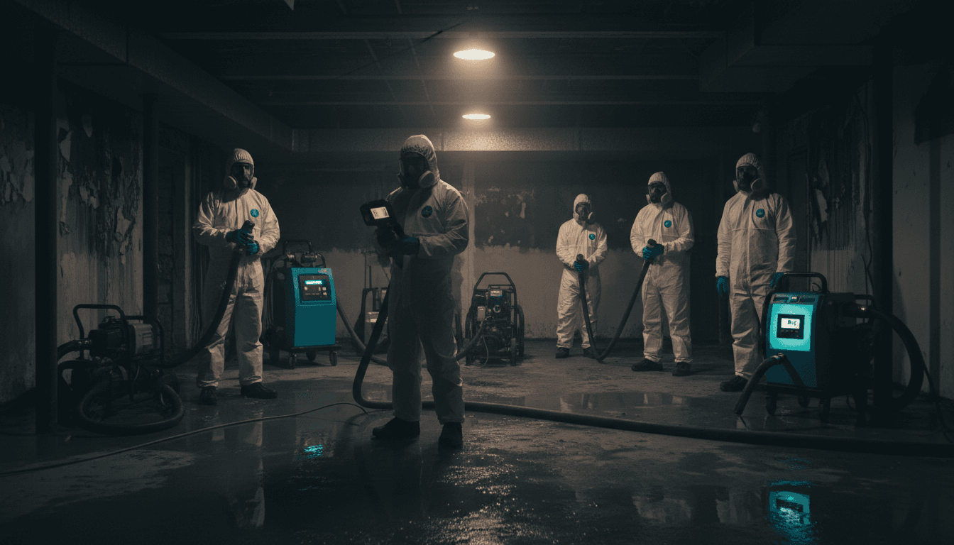Fix Water Damage restoration team with professional equipment responding to water damage in Chicago basement