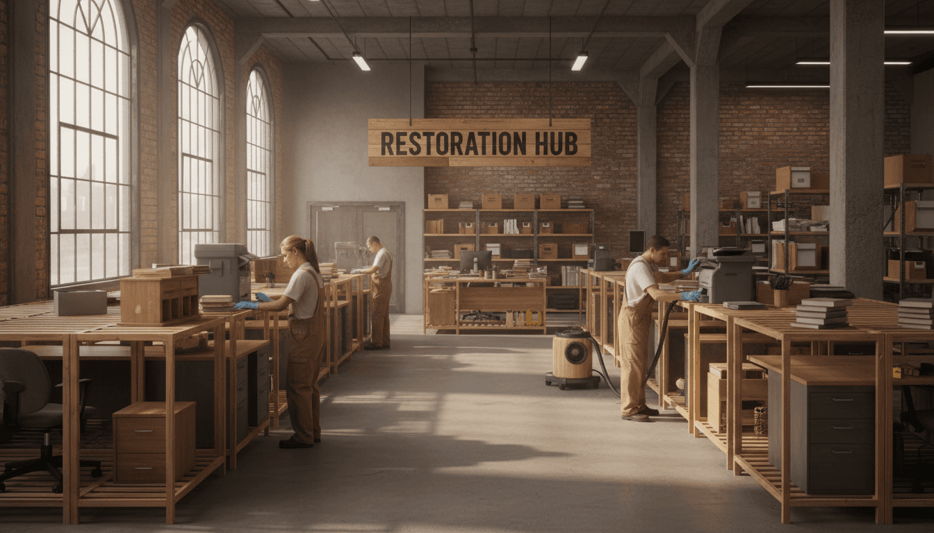 Salvaged commercial furniture and equipment being restored and dried