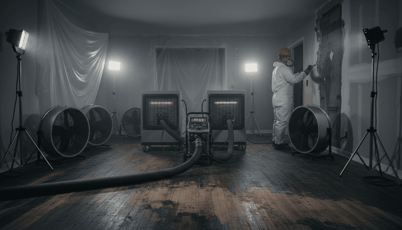 Professional water damage restoration in progress with equipment and technician assessing structural damage