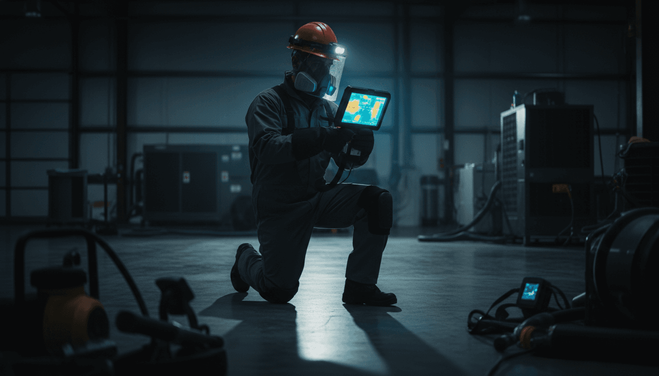 Water damage restoration specialist using thermal imaging equipment for precision moisture detection