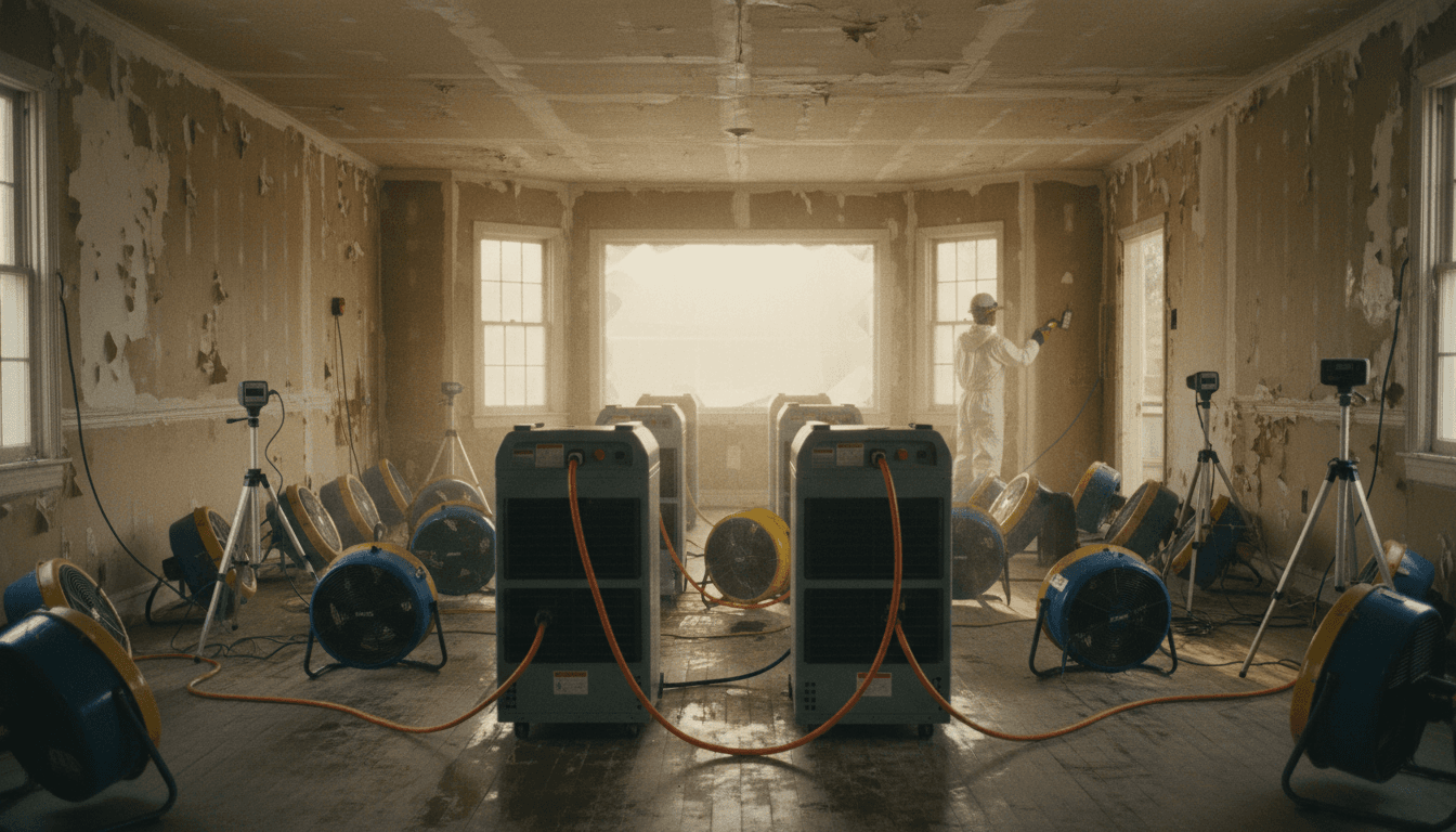 Professional restoration setup with IICRC-compliant drying equipment positioned throughout space