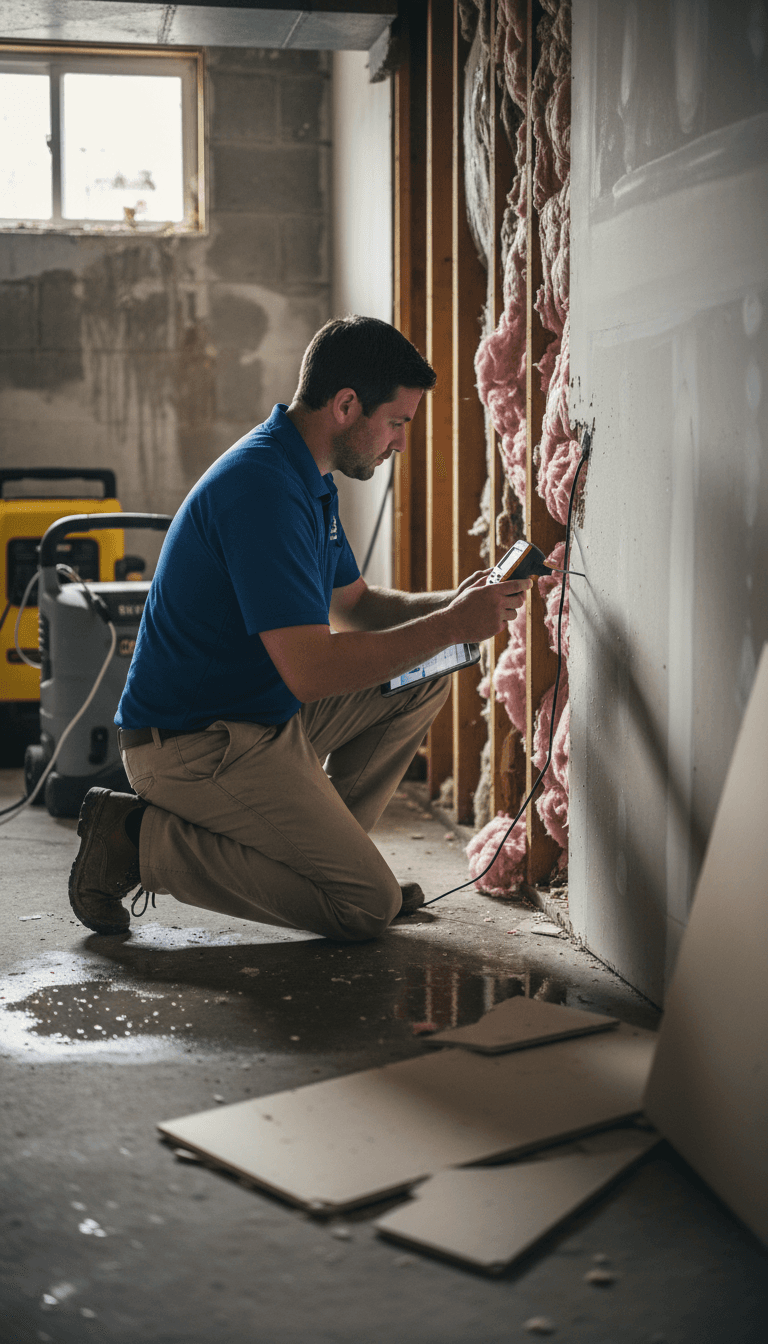 Water damage restoration professional using moisture meter to assess damage