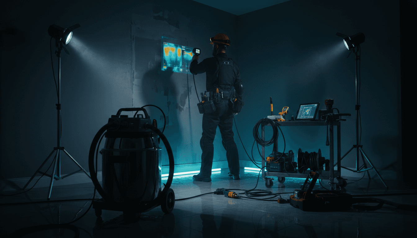 Water damage restoration technician performing thermal imaging scan on damaged wall