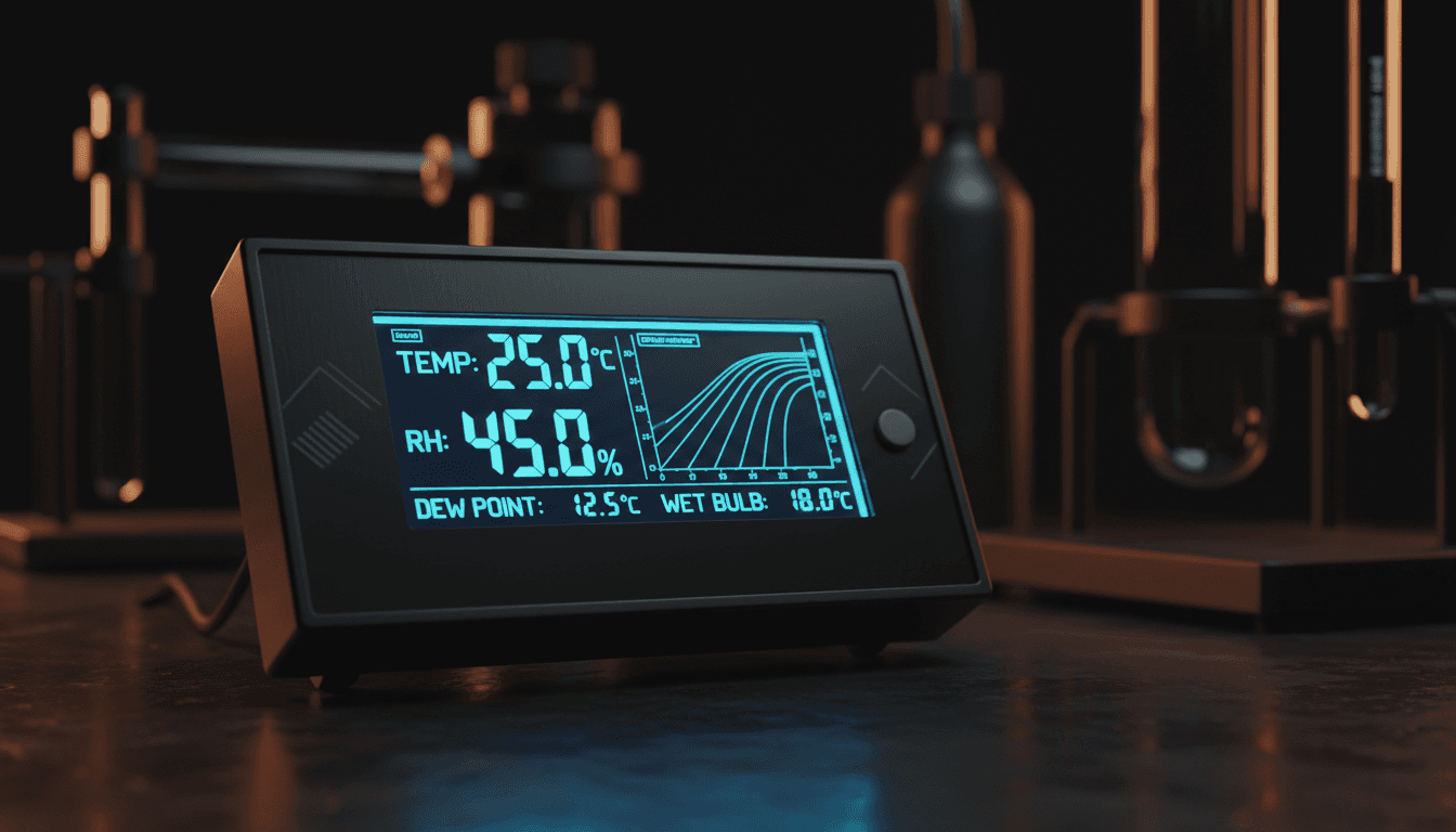 Psychrometric measurement device displaying moisture and temperature data