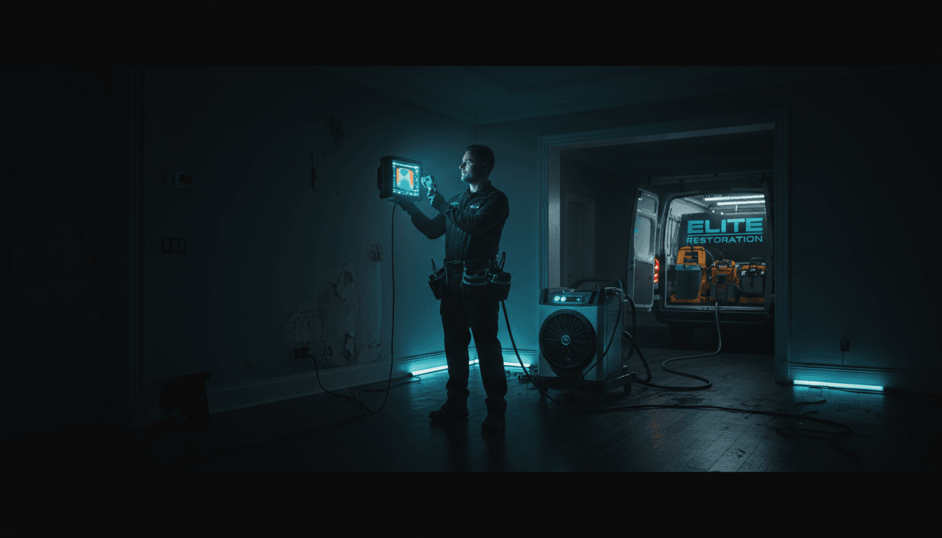 Water restoration specialist using thermal imaging to detect hidden moisture in damaged wall