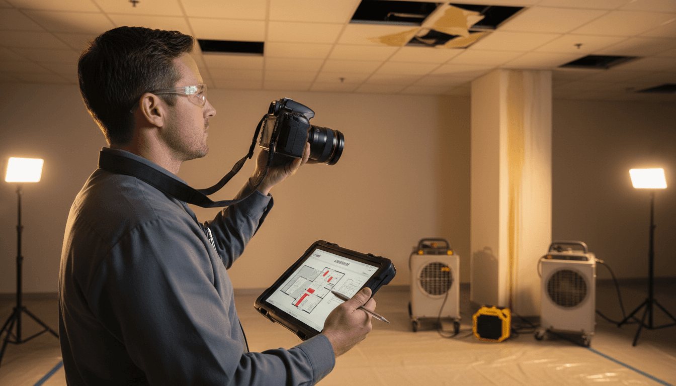 Restoration specialist documenting water damage for insurance claim processing